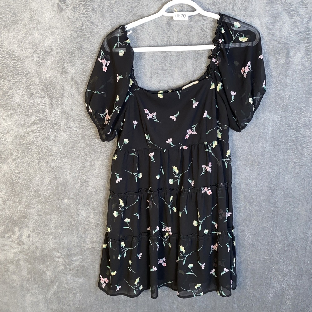 Altar'd State Medium Black Floral Puff Sleeve Tiered Sheer Mini Dress